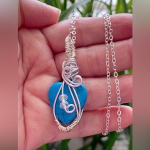 Blue Turquoise heart pendant silver wirewrapped necklace
